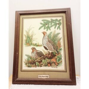 Vintage puff pic 3D art , gray Partridge, wildlife, framed